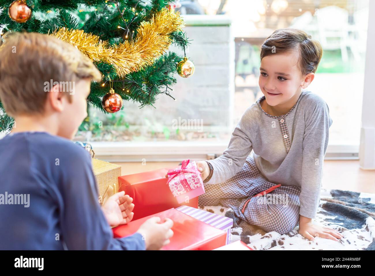 Two children by the Christmas tree opening their presents from Santa Claus or the Three Wise Men and sharing their toys Stock Photo