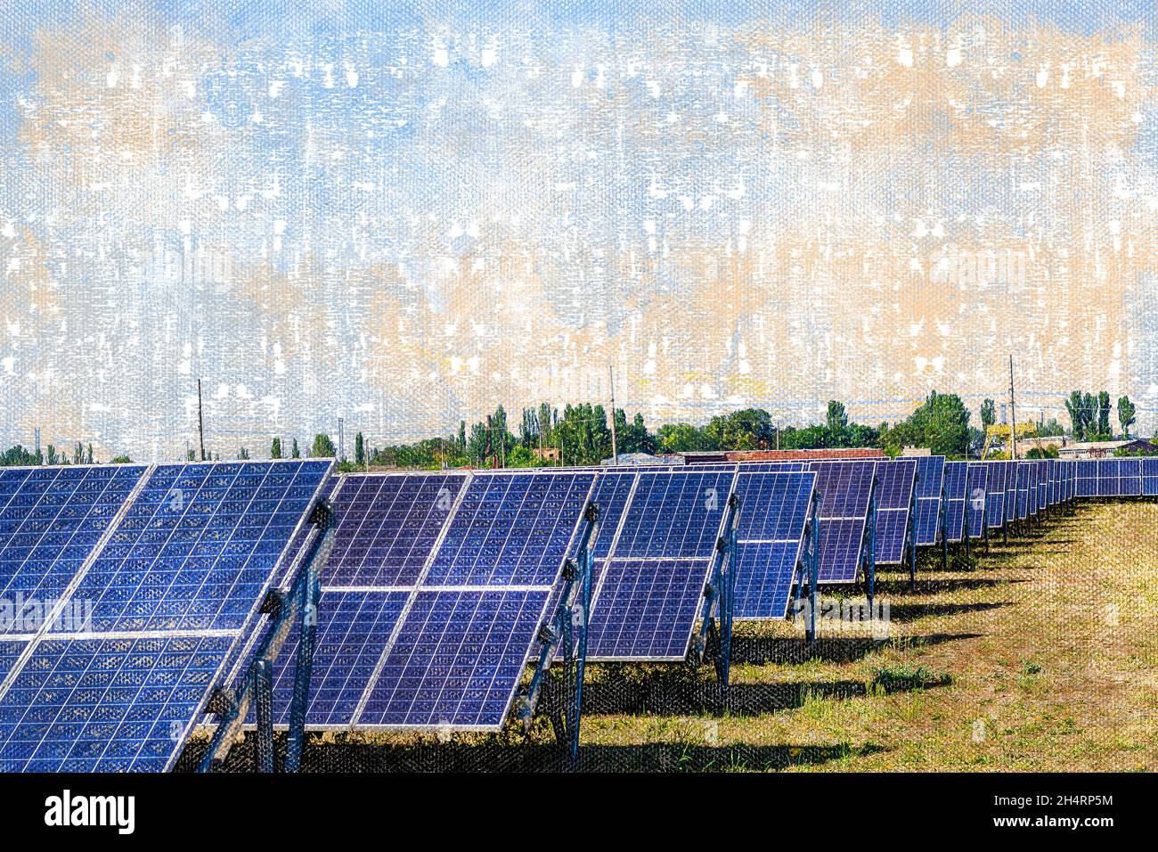 Solar power plant in the field. Rectangular solar panels for energy