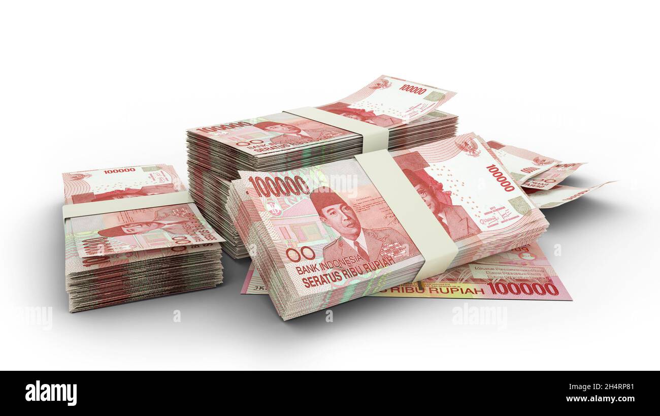 3D Stack of 1000 Indonesian Rupiah notes isolated on white background Stock Photo