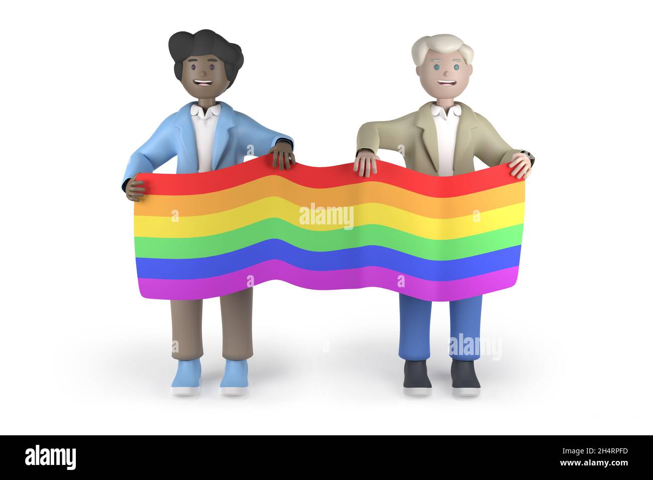 Two men holding LGBT flag - 3d rendering illustration Stock Photo
