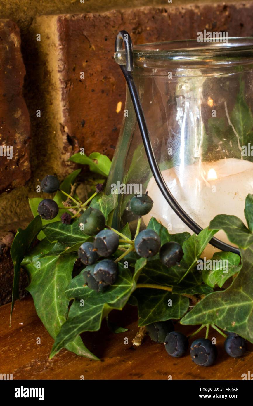 Close view of a glass candle holder serounded by dark green Ivy leaves and its blueish black berries. Stock Photo