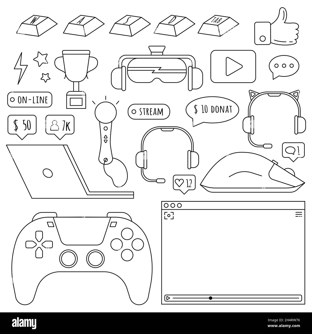 Video game streamer line icon set in a flat style, isolated on a white background. Laptop, mouse, keyboard, headphones, VR glasses, and gamepad icon. Stock Vector