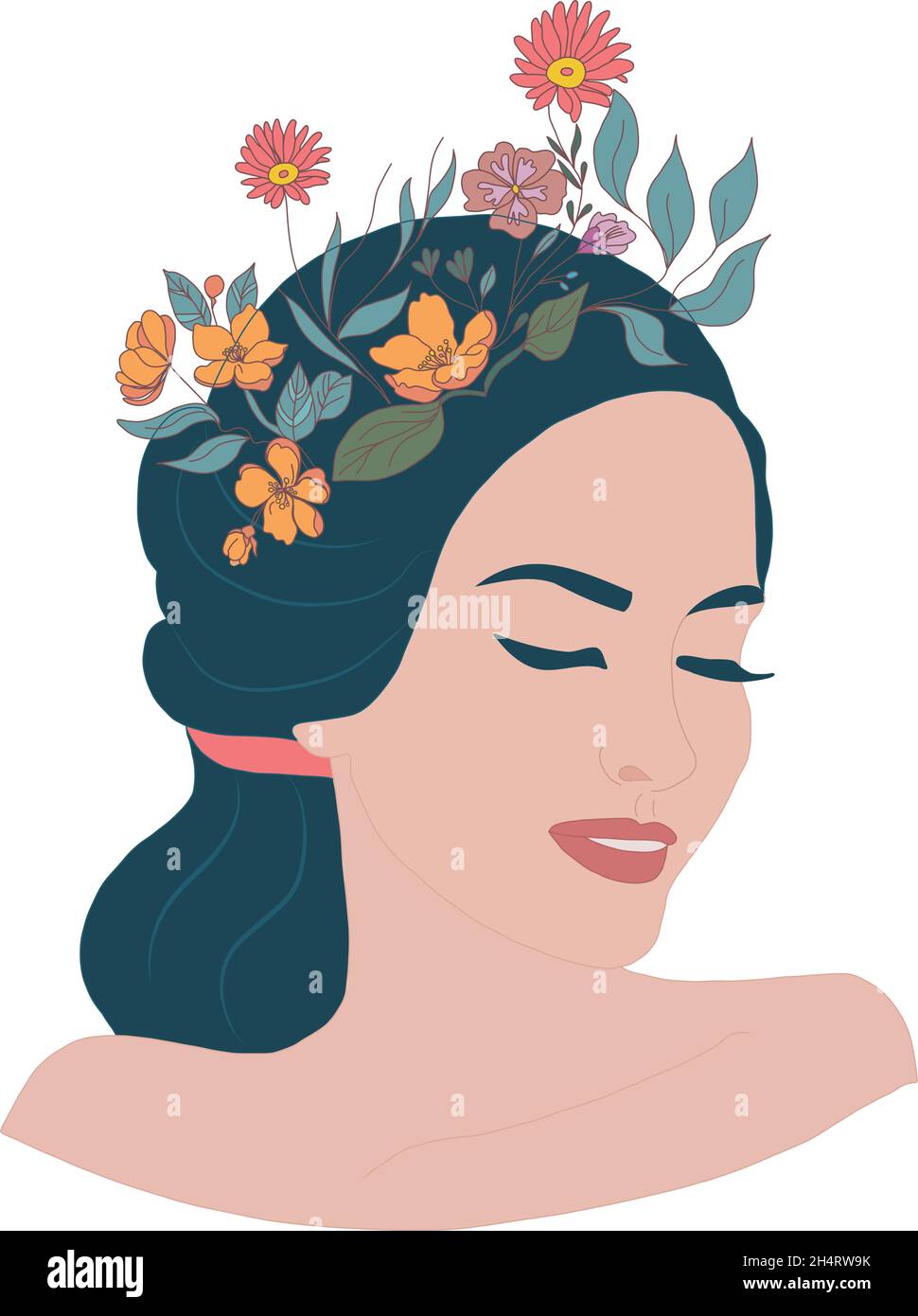 Psychology awareness consciousness psychiatry or mental health concept.Isolated vector illustration face of relaxed smiling female woman with flowers Stock Vector