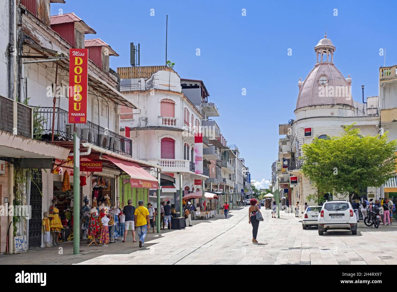 Shops in the old French colonial city centre of Pointe-à-Pitre, Grande-Terre at Guadeloupe, Lesser Antilles in the Caribbean Sea Stock Photo