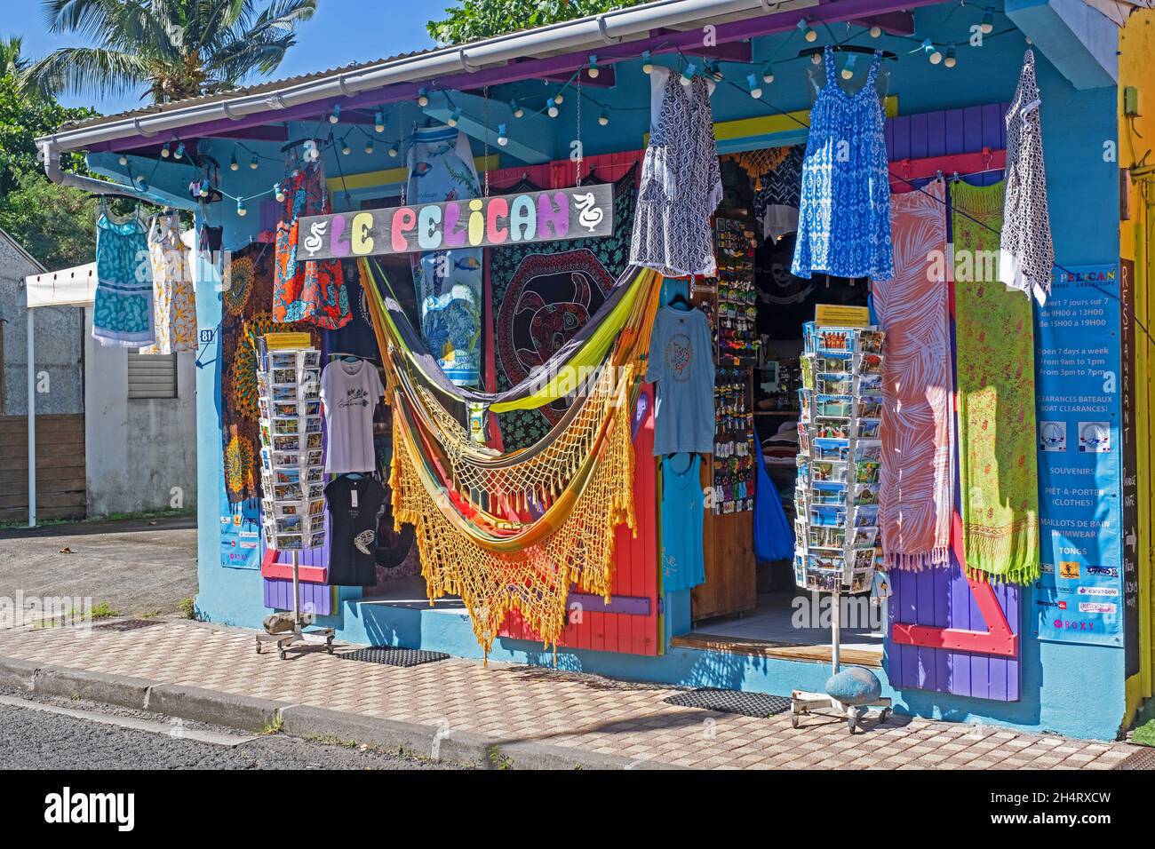 Souvenir shop in the village Deshaies on the northwest coast of Basse-Terre Island, archipelago of Guadeloupe, Lesser Antilles in the Caribbean Sea Stock Photo