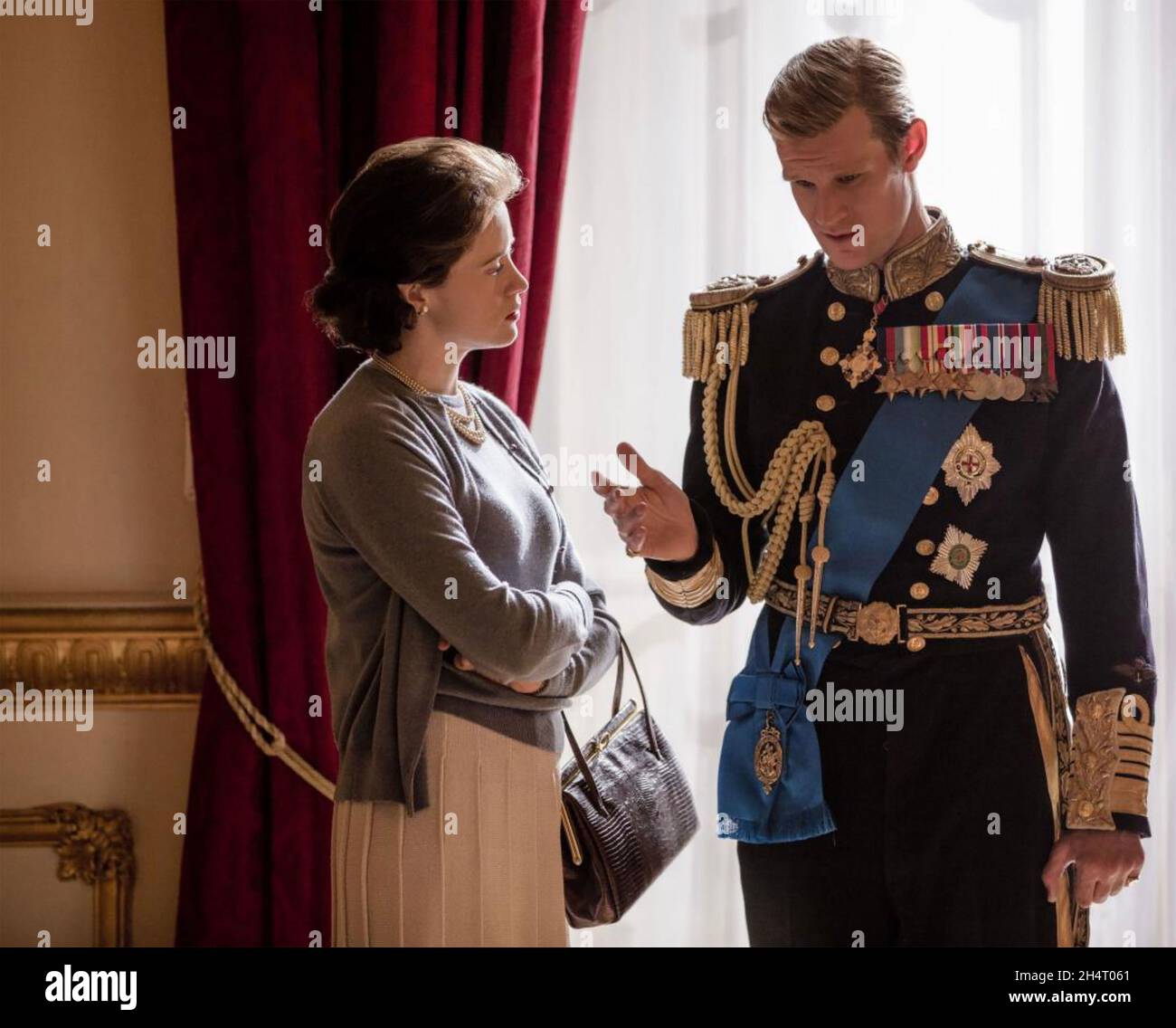 THE CROWN 2016> Netflix Streaming Services production with Claire Foy as Queen Elizabeth II and Matt Smith as the Duke of Edinburgh Stock Photo