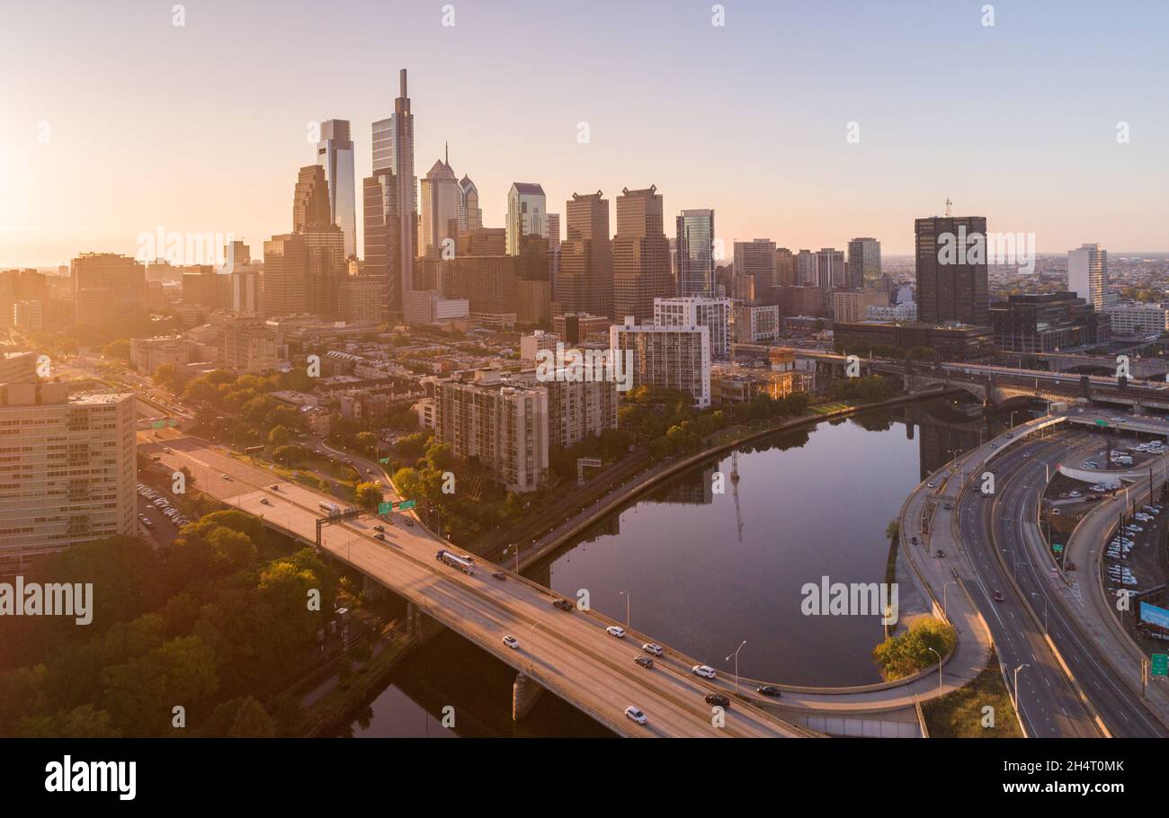 Beautiful Philadelphia Downtown Skyline with Schuylkill River in Foreground. Sunset Light. Business District in Background. Pennsylvania Stock Photo