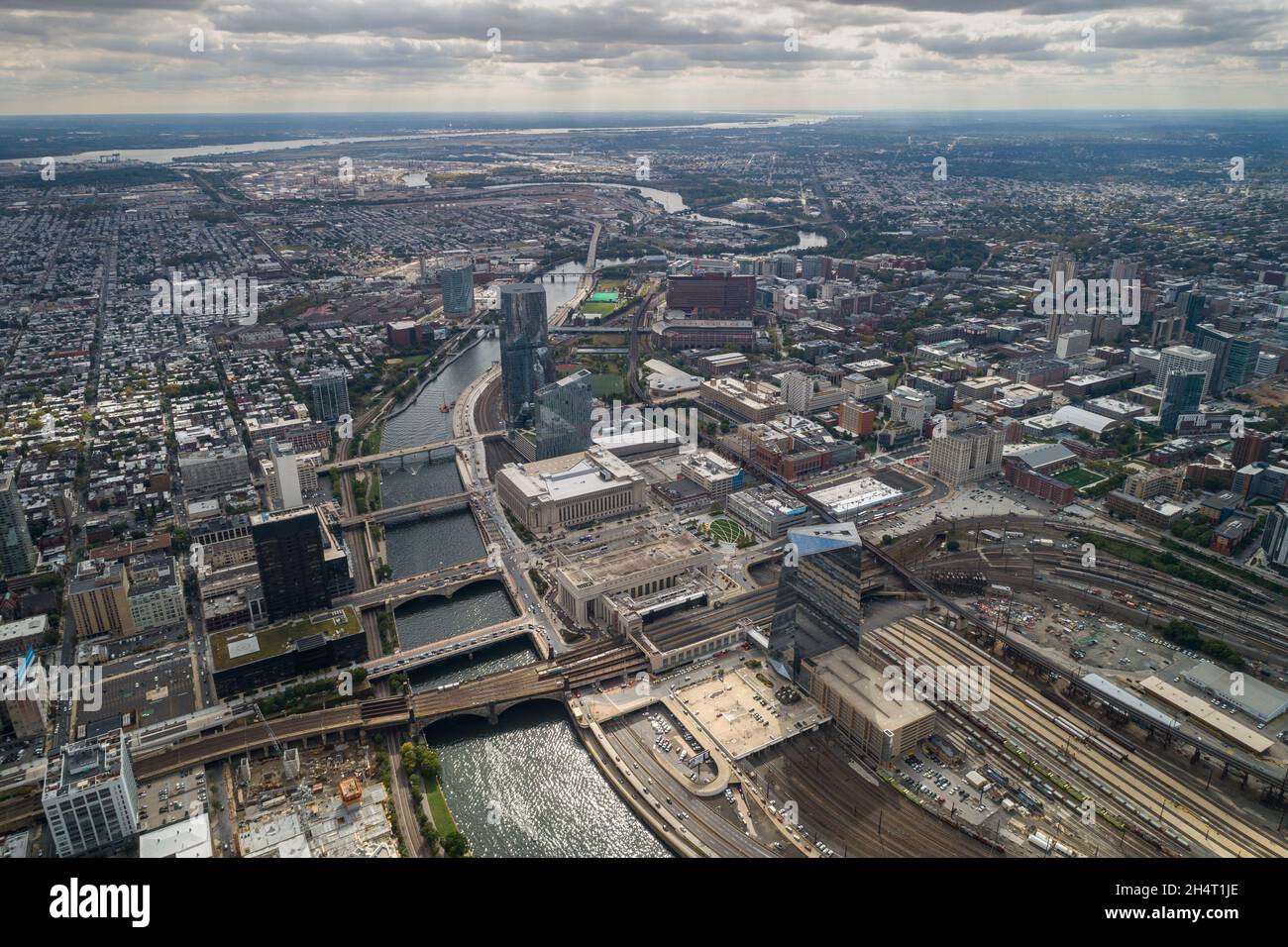 Philadelphia Skyline and Downtown. 30th Street Station in Philadelphia, Pennsylvania. Officially William H. Gray III 30th Street Station, is an interm Stock Photo