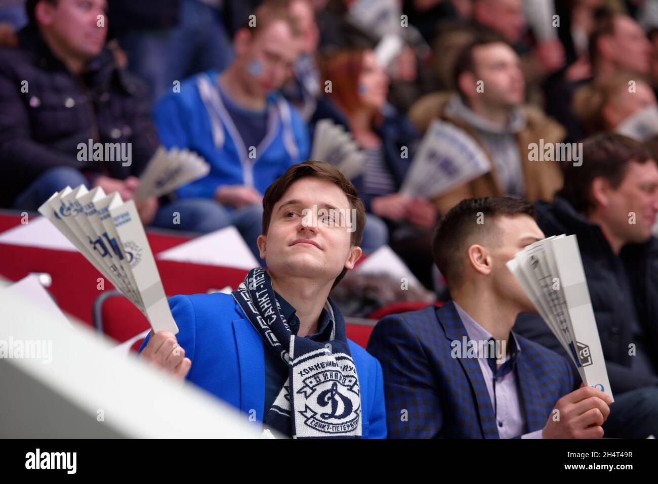 St. Petersburg, Russia, 20th March, 2018: Supporters of Ice Hockey Club Dinamo Saint-Petersburg during the match against Metallurg, Novokuznetsk Stock Photo