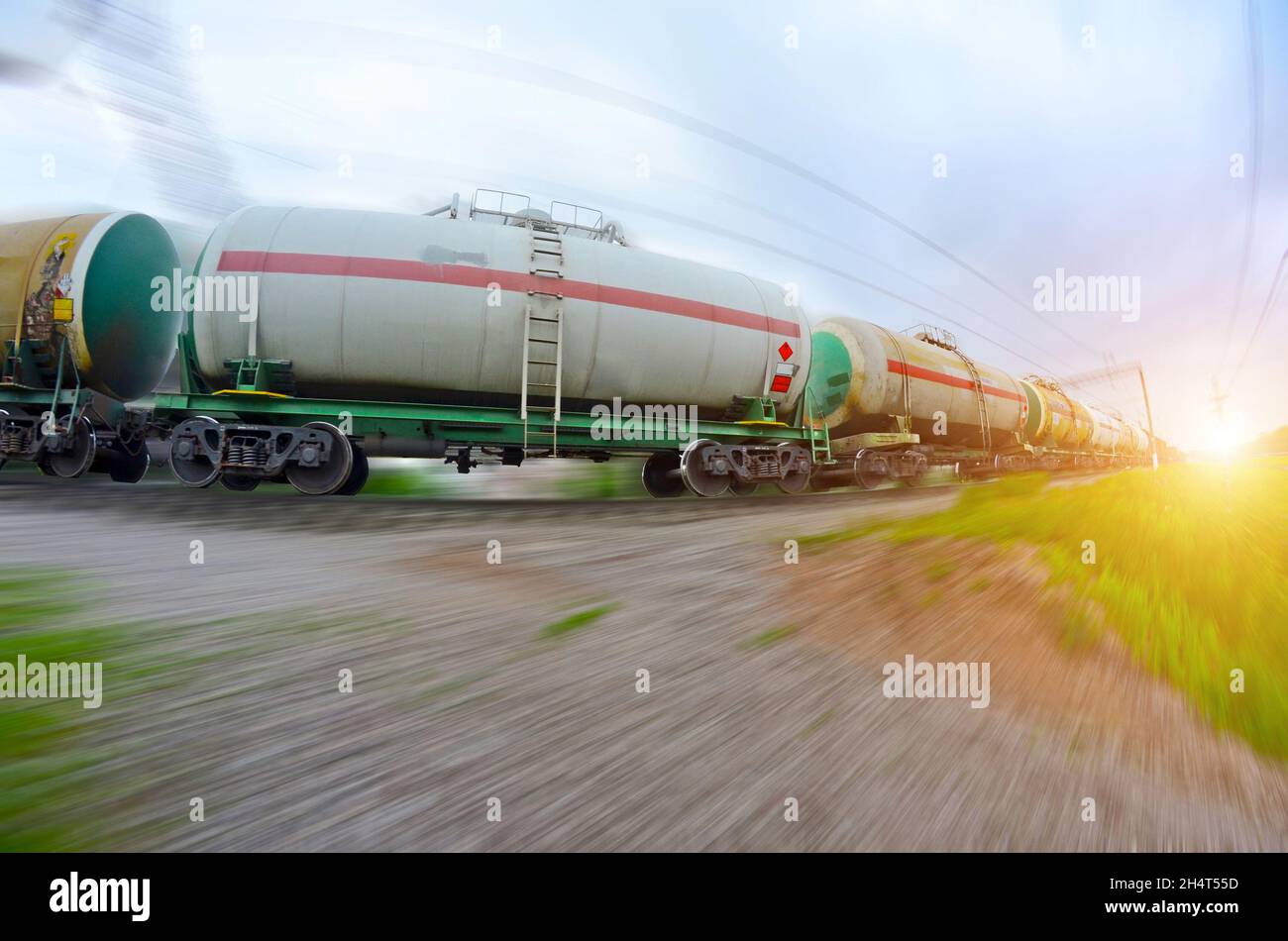 Train with oil tanks moving. Transportation of fuel on the railroad