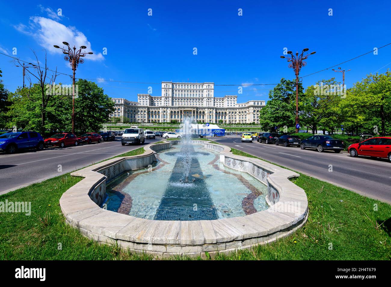 Bucharest, Romania, 6 May 2021: The Palace of the Parliament also known as People's House (Casa Popoprului) in Constitutiei Square (Piata Constitutiei Stock Photo