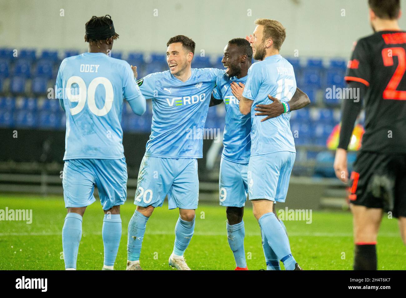 Randers, Denmark. 04th Nov, 2021. Alhaji Kamara (99) of Randers FC is  celebrating with the team mates after the 2-0 scoring (own goal) during the  UEFA Europa Conference League match between Randers