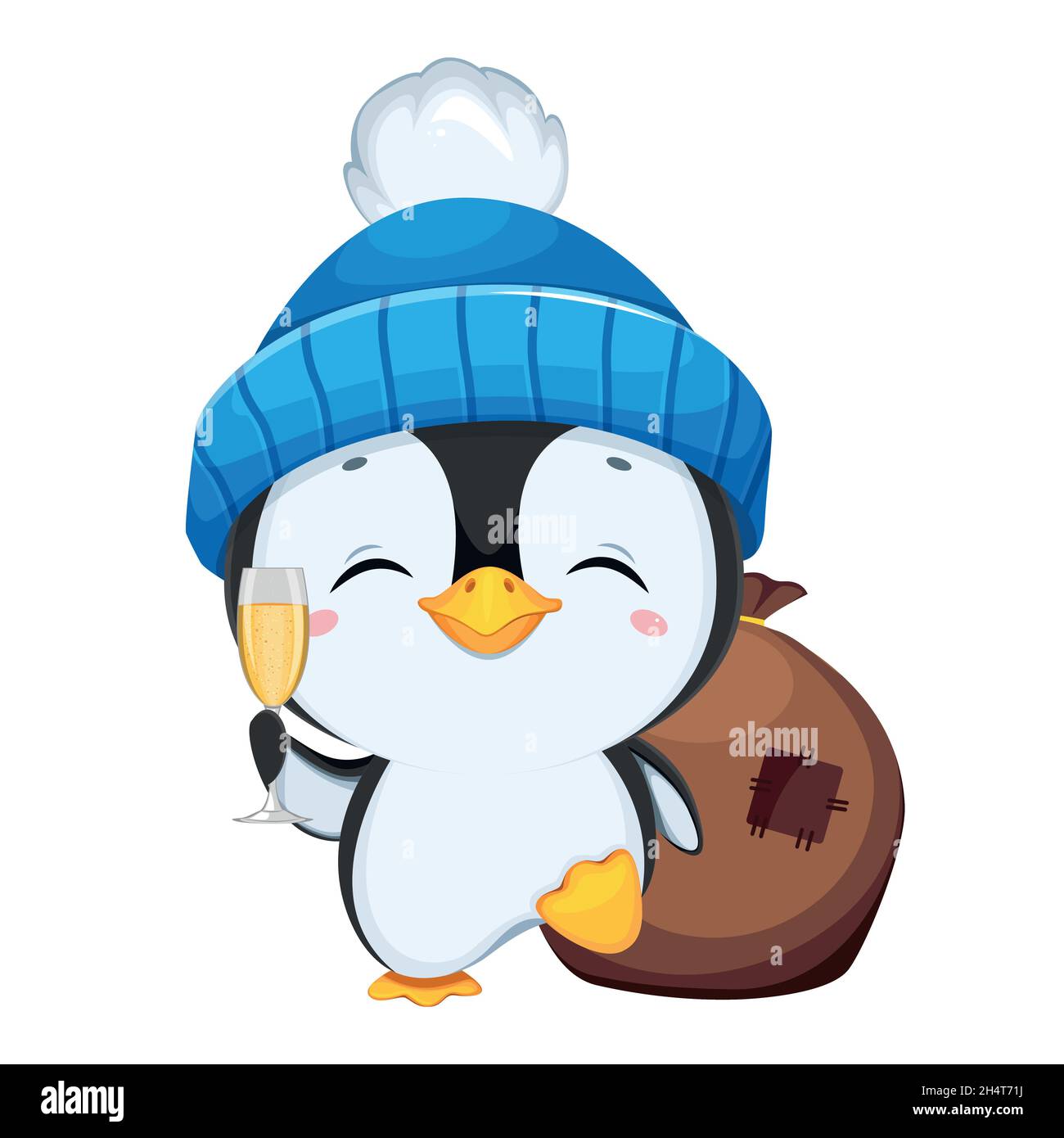 Cute little penguin cartoon character. Funny penguin in blue hat holding a  glass of champagne. Merry Christmas and Happy New Year. Stock vector illust  Stock Vector Image & Art - Alamy