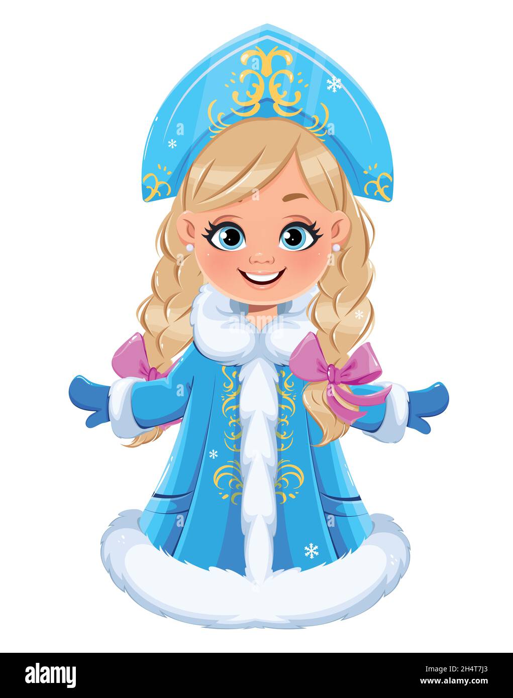 Happy New Year and Merry Christmas. Russian Snegurochka (Snow Maiden). Cute cartoon character for holidays. Stock vector illustration Stock Vector