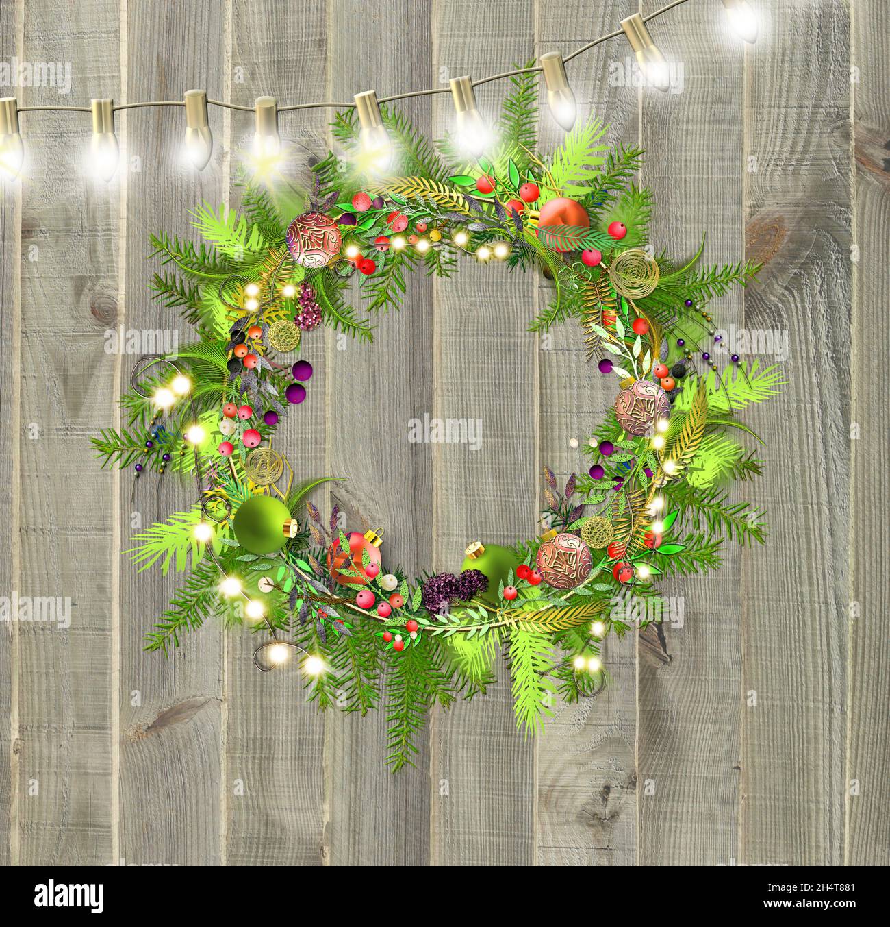 Merry Christmas 2022 Wreath Christmas Holiday Design With Xmas Wreath, Lights On Wooden Rustic  Background. Merry Christmas Greeting Card. Winter Holiday Greetings 2022  Happy New Stock Photo - Alamy