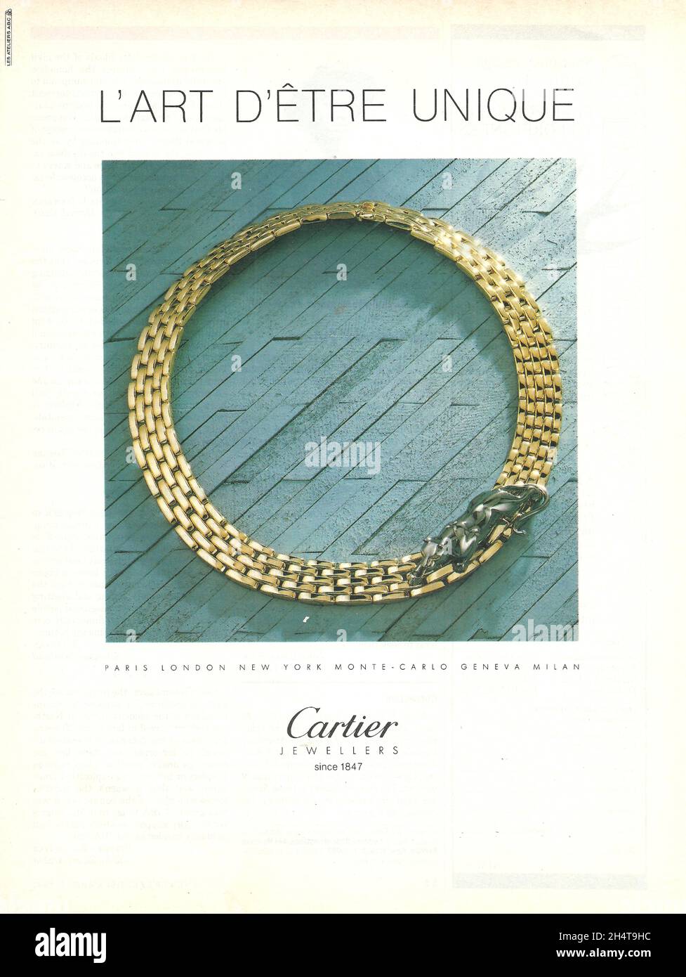 Cartier jewellery jewelry advertisement advert necklace necklet bracelet paper ad 1970s 1980s Stock Photo