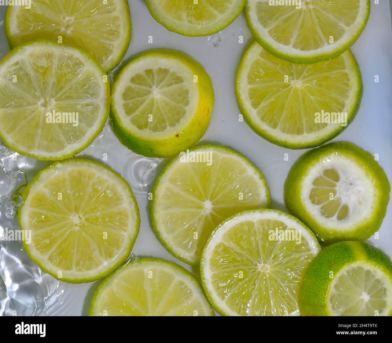Close-up fresh slices of limes on white background. Slices of limes in sparkling water on white background, closeup. Citrus soda Stock Photo