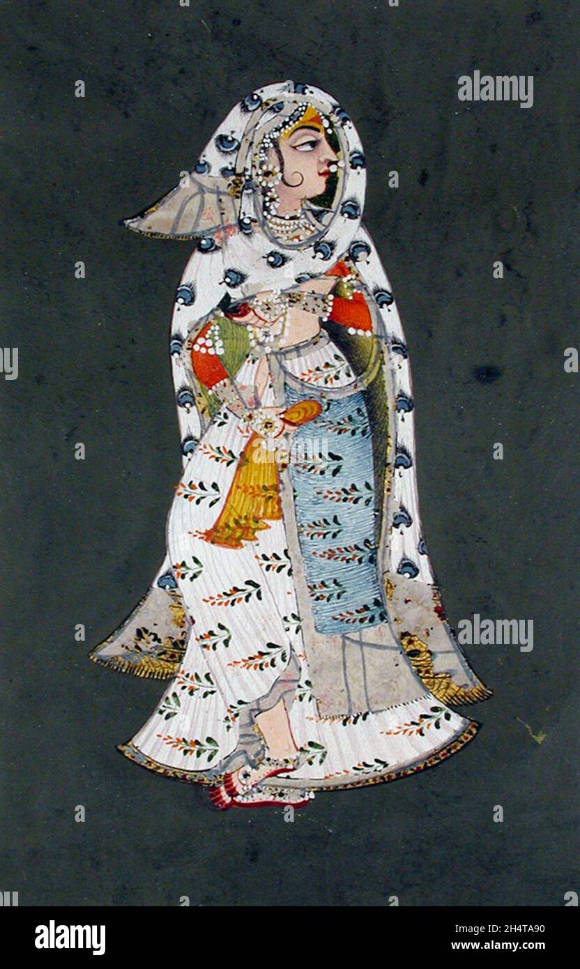 A standing woman in floral patterned white sari, a peacock-plume patterned cloak. Bundi, Rajasthan, India - 18th century Stock Photo