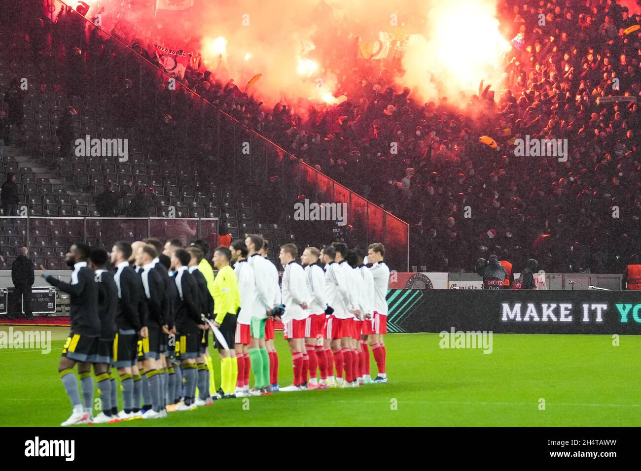 BERLIN, GERMANY - NOVEMBER 4: Banners during the UEFA Conference League Group Stage match between 1. FC Union Berlin and Feyenoord at Olympia Stadion on november 4, 2021 in Berlin, Germany (Photo by Yannick Verhoeven/Orange Pictures) Stock Photo