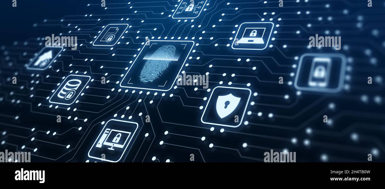 Fingerprint authentication to access secured computer network and digital system. Cyber security with biometrics technology. Illustration with icons a Stock Photo
