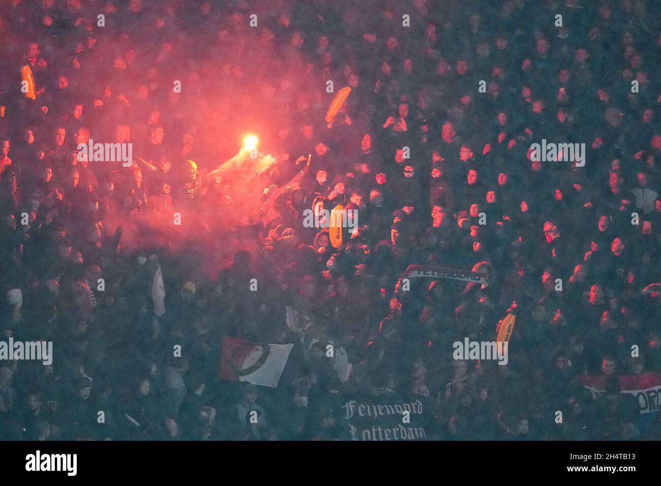 BERLIN, GERMANY - NOVEMBER 4: Feyenoord supporters during the UEFA Conference League Group Stage match between 1. FC Union Berlin and Feyenoord at Olympia Stadion on november 4, 2021 in Berlin, Germany (Photo by Yannick Verhoeven/Orange Pictures) Stock Photo