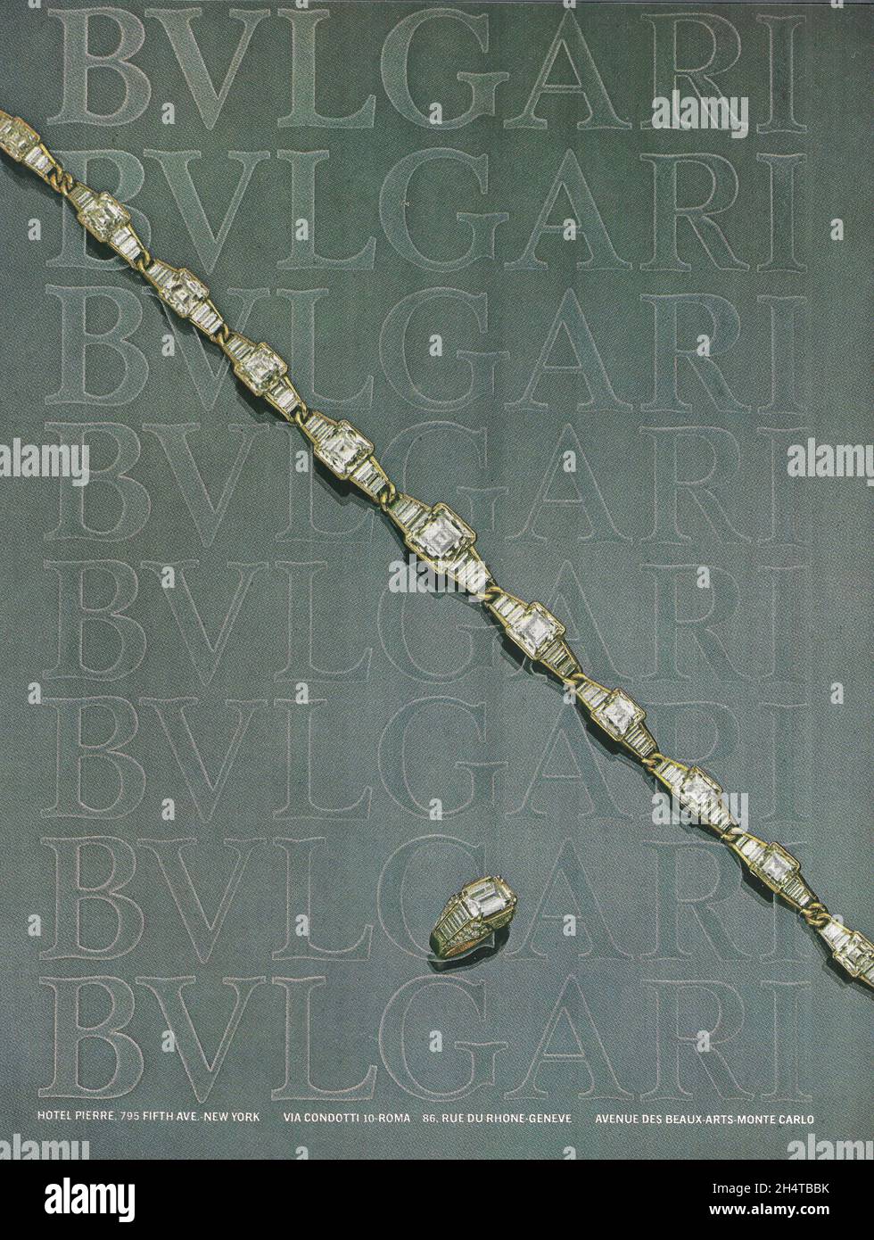 Bulgari jewellery jewelry advertisement advert necklace necklet bracelet paper ad 1970s 1980s Stock Photo