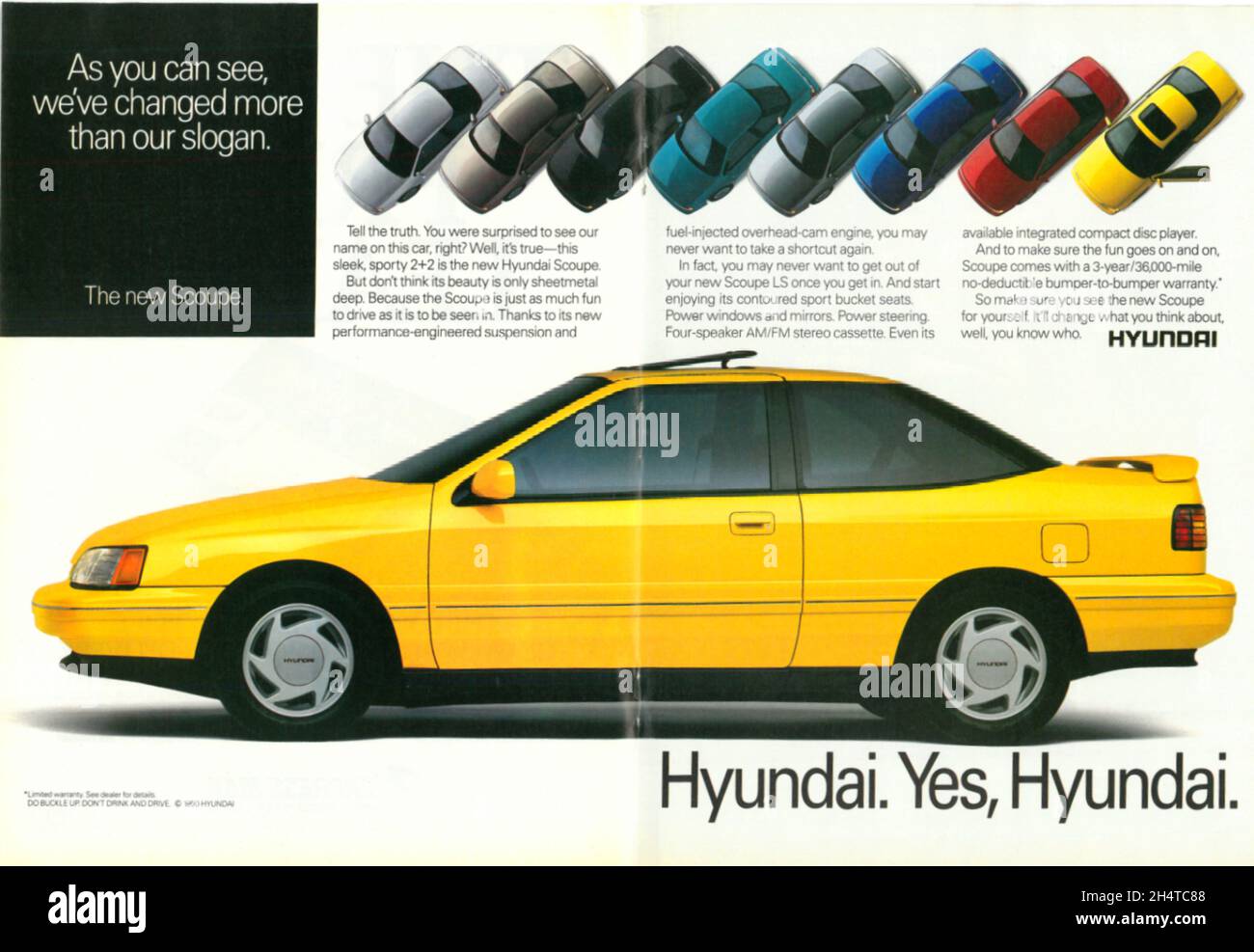 Hyundai poster vintage paper advertisement 1980s yellow hyundai Stock