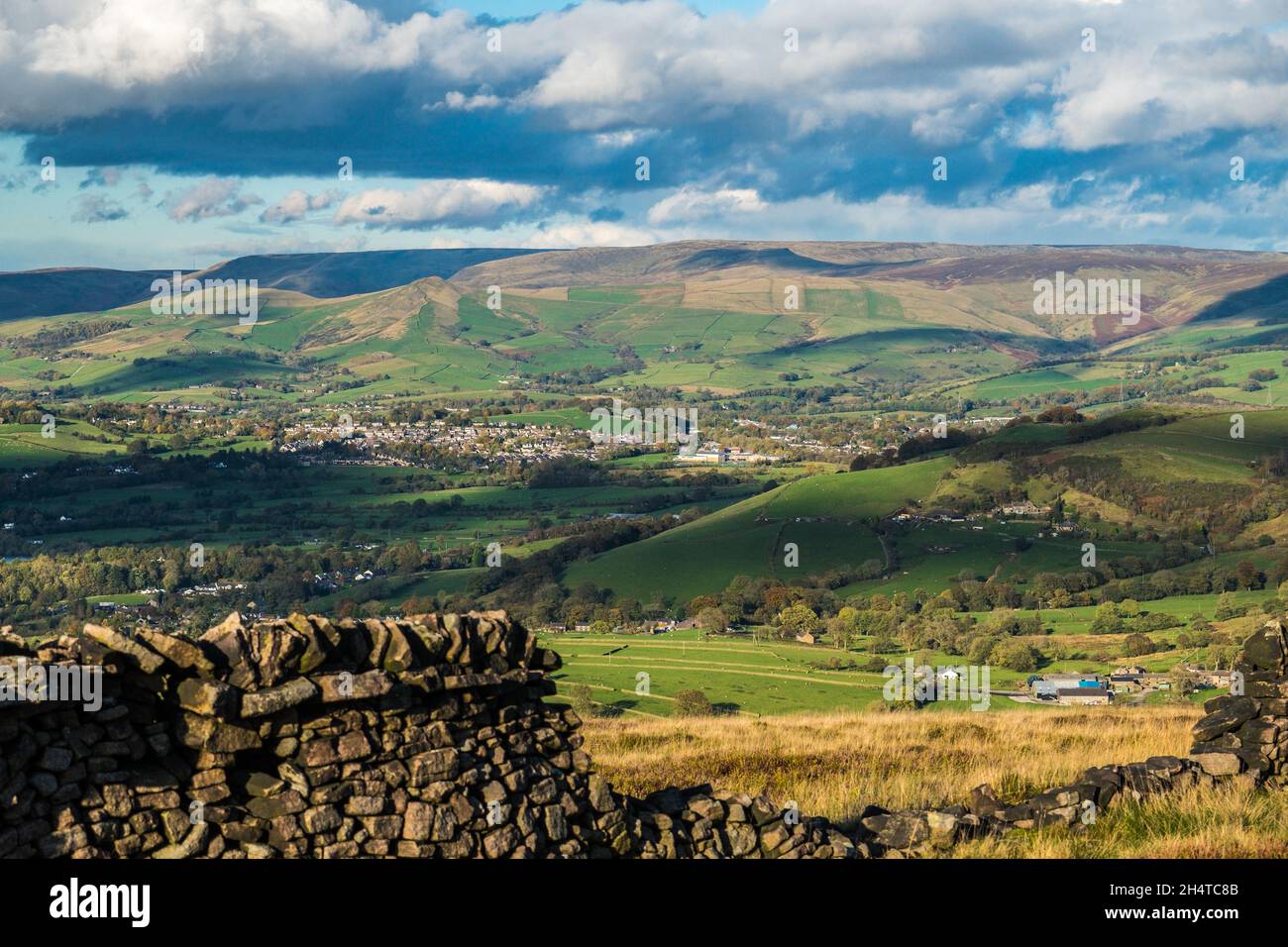 Chapel en le Frith town in Derbyshire with the hills of Kinder Scout in The Peak District behind Stock Photo