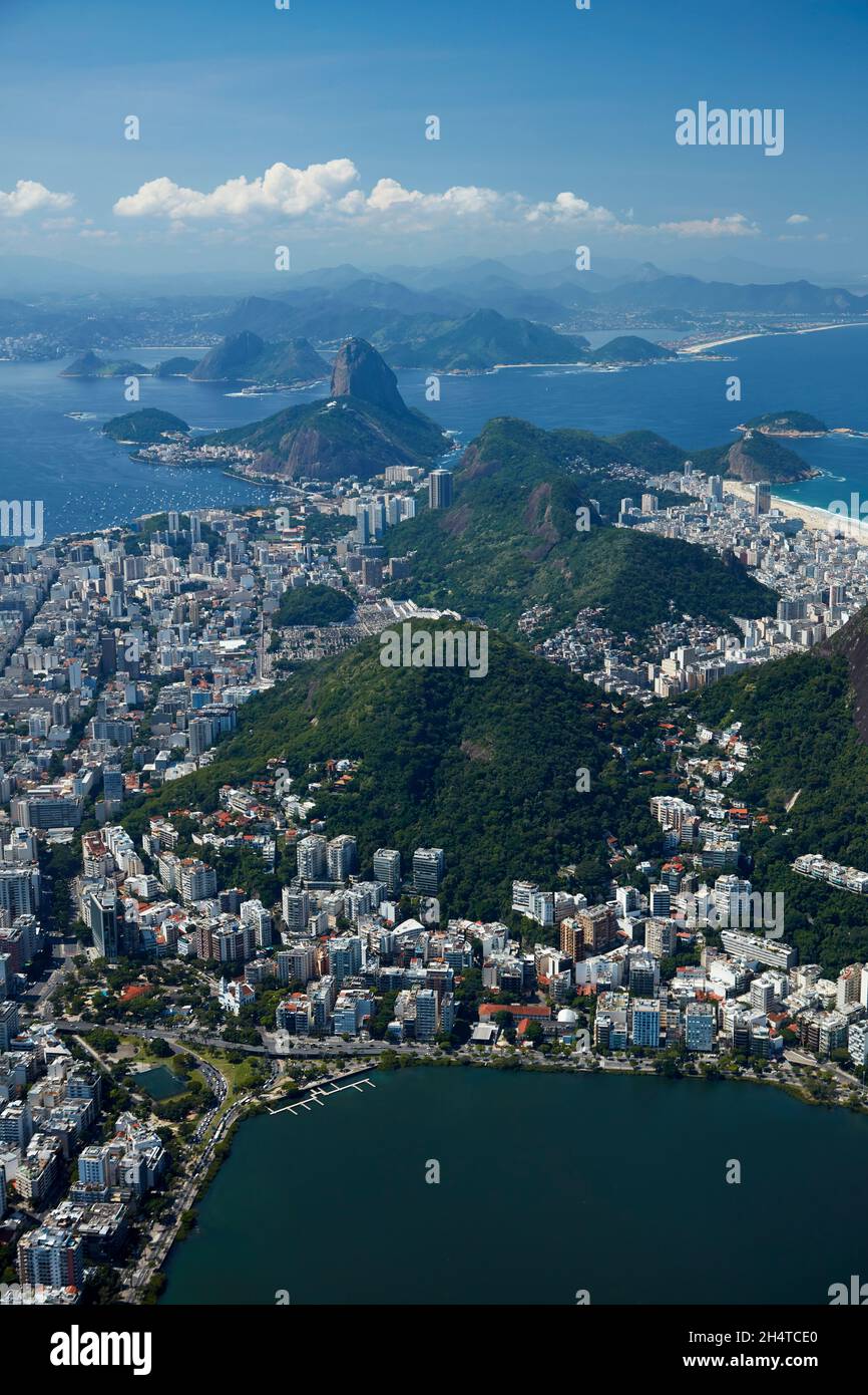 Rodrigo de Freitas Lagoon, and Sugar Loaf in distance, Rio de Janeiro, Brazil, South America - aerial Stock Photo