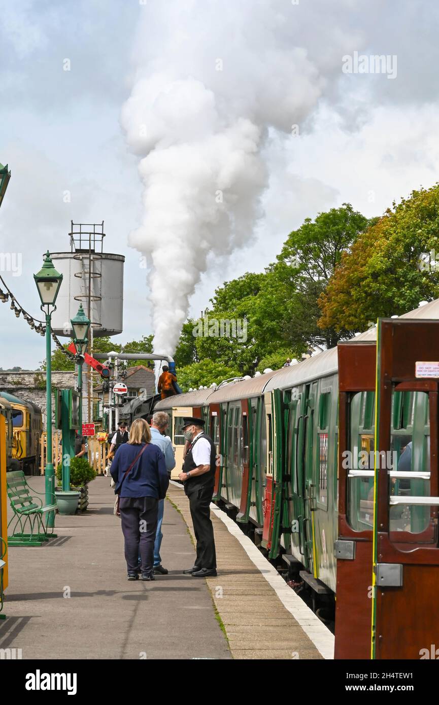 Swanage, England June 2021 People about to get on a vintage steam