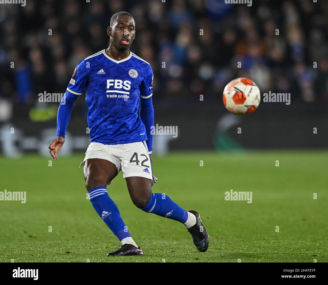 Boubakary Soumare #42 of Leicester City chips the ball into the box Stock Photo
