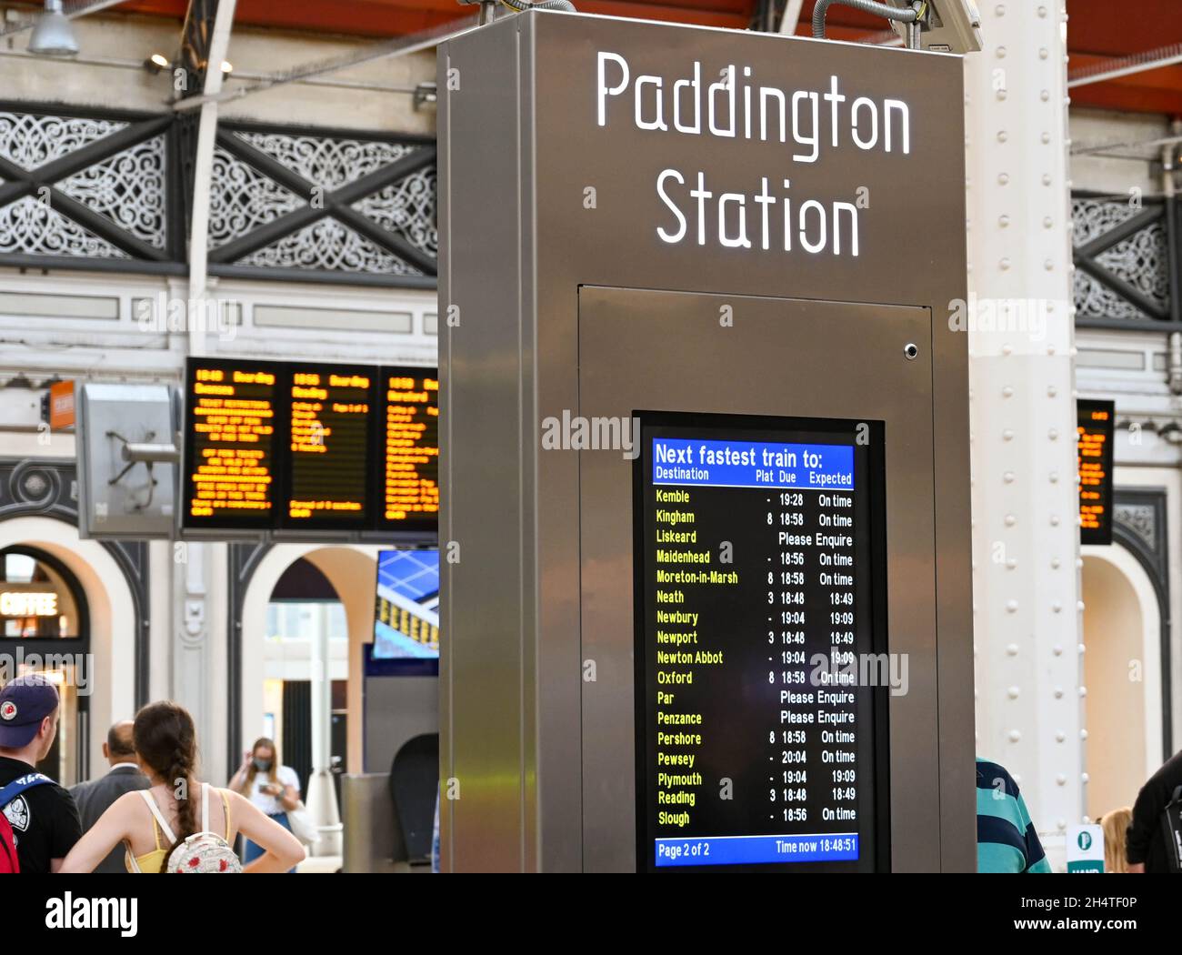 London, England - August 2021: Electronic display at London Paddington railway station showing the departure times for trains Stock Photo