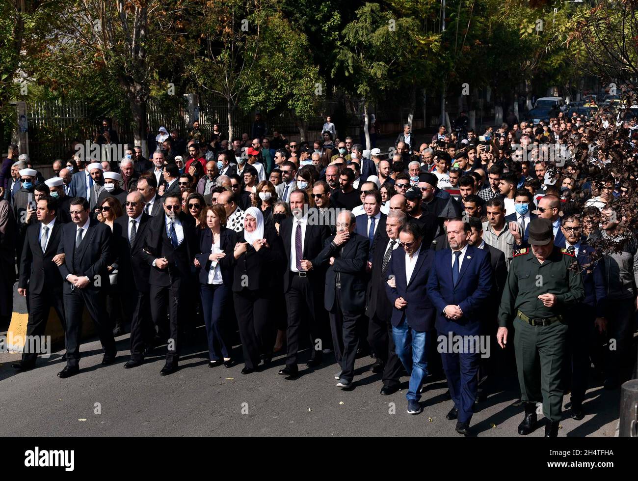 Damascus, Syria. 4th Nov, 2021. People attend the funeral procession of late Syrian singer Sabah Fakhri in Damascus, Syria, on Nov. 4, 2021. Fakhri, an iconic tenor singer from Syria's northern province Aleppo, died on Tuesday at the age of 88 at a hospital in the capital Damascus. Credit: Ammar Safarjalani/Xinhua/Alamy Live News Stock Photo