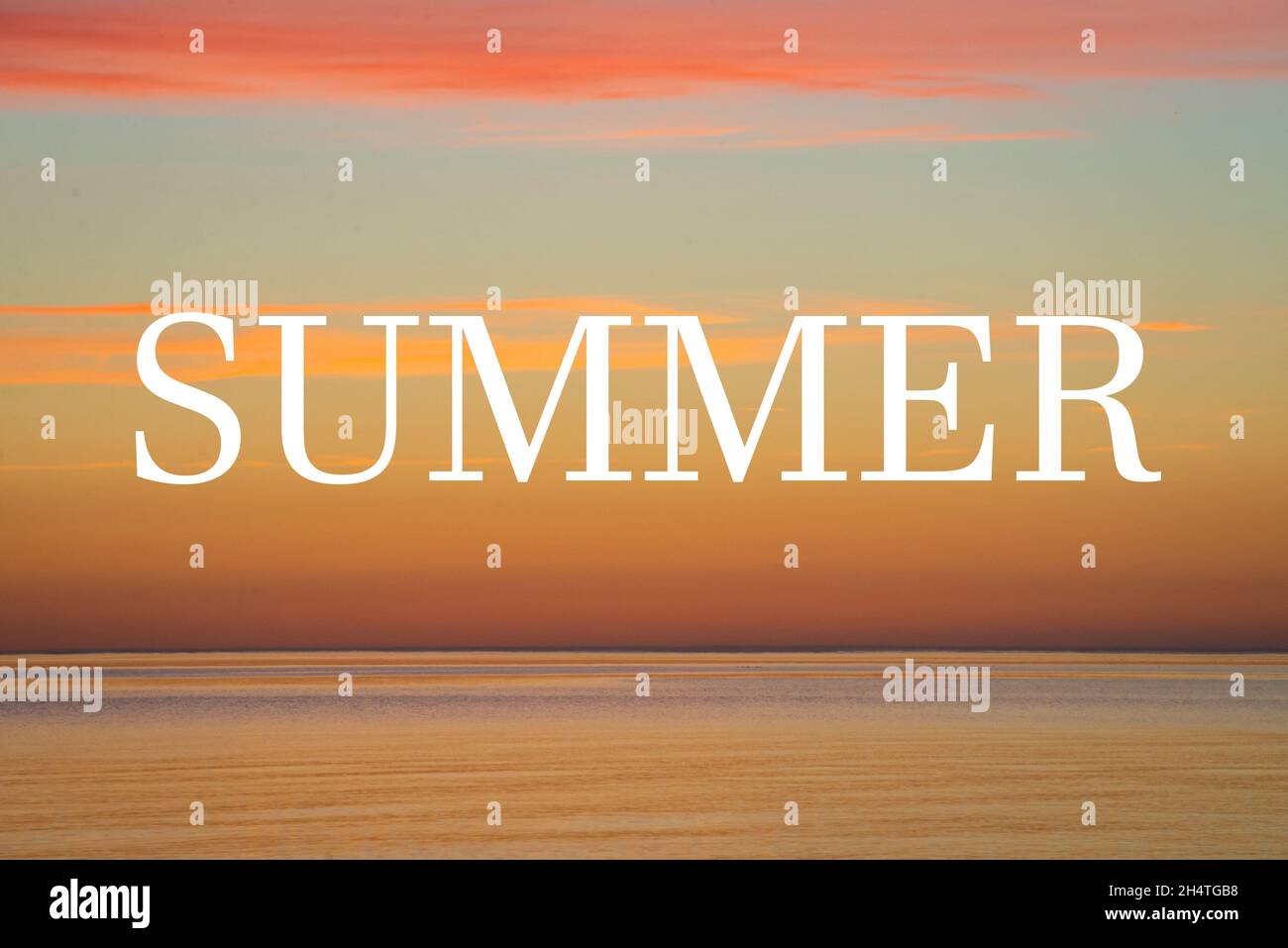 Summer, greeting text on an orange summer sunset background. SUMMER text. The word summer. Creative nature concept. Minimal flat sleep. Poster, banner Stock Photo