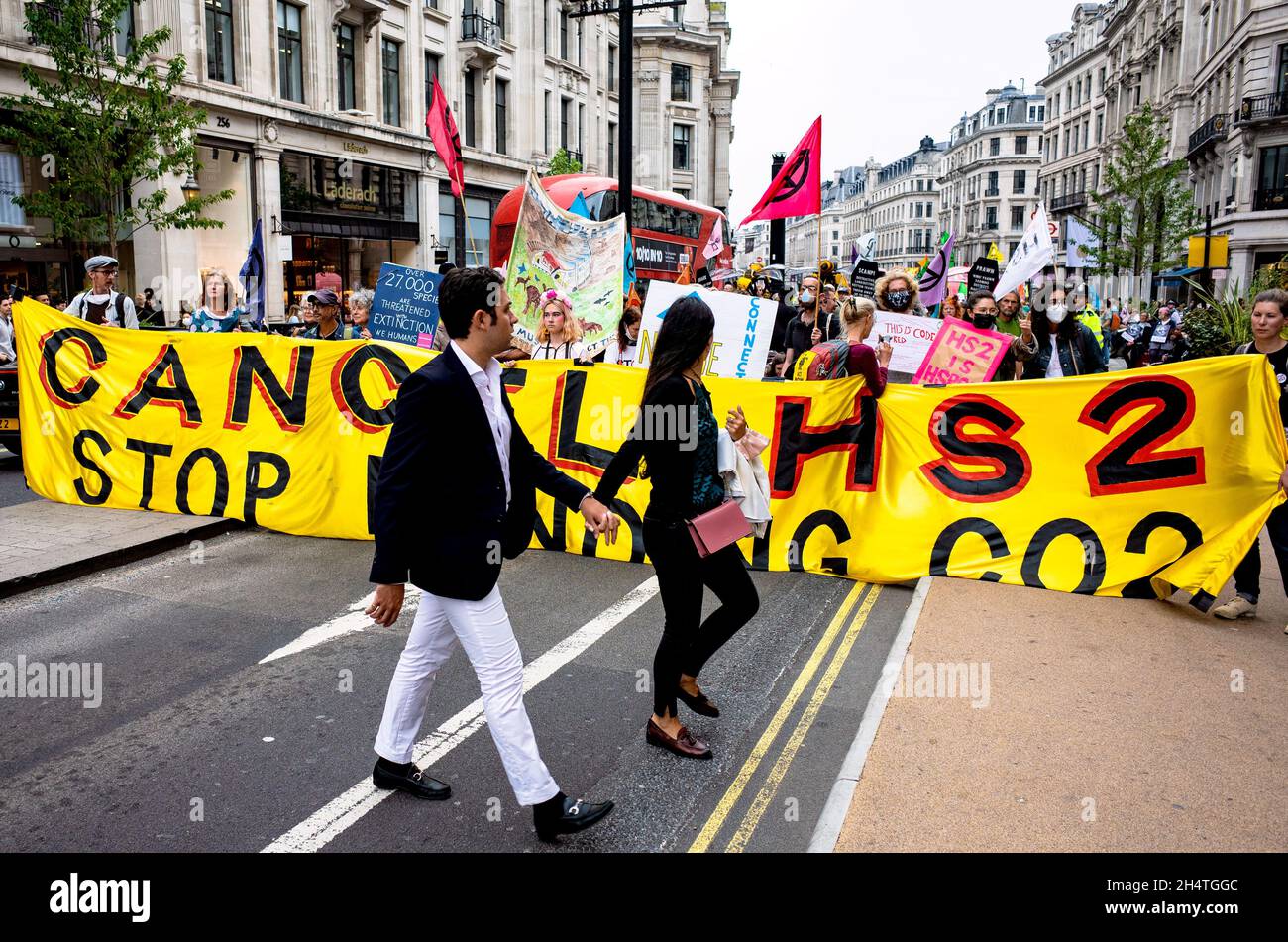 HS2 Protestors march up Regents Street Stock Photo
