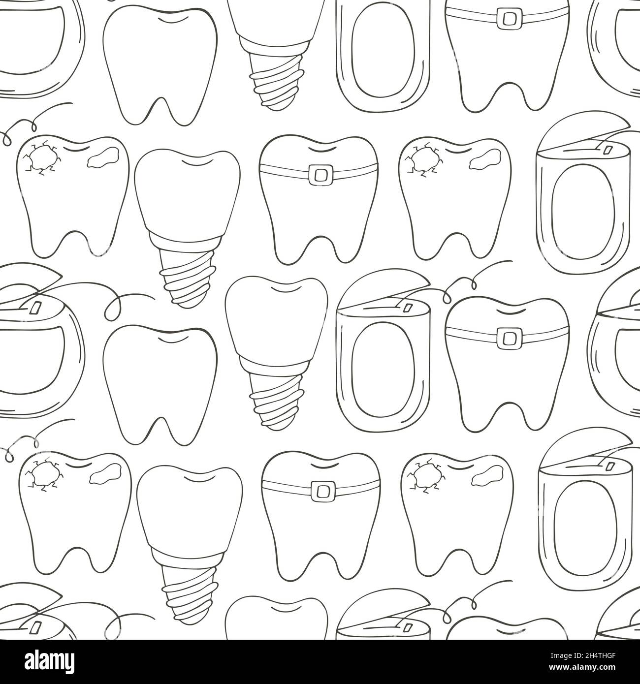 Coloring Seamless pattern. Cartoon teeth in hand draw style. Background for packaging, advertising. Healthy teeth, caries, braces, dental floss Stock Vector