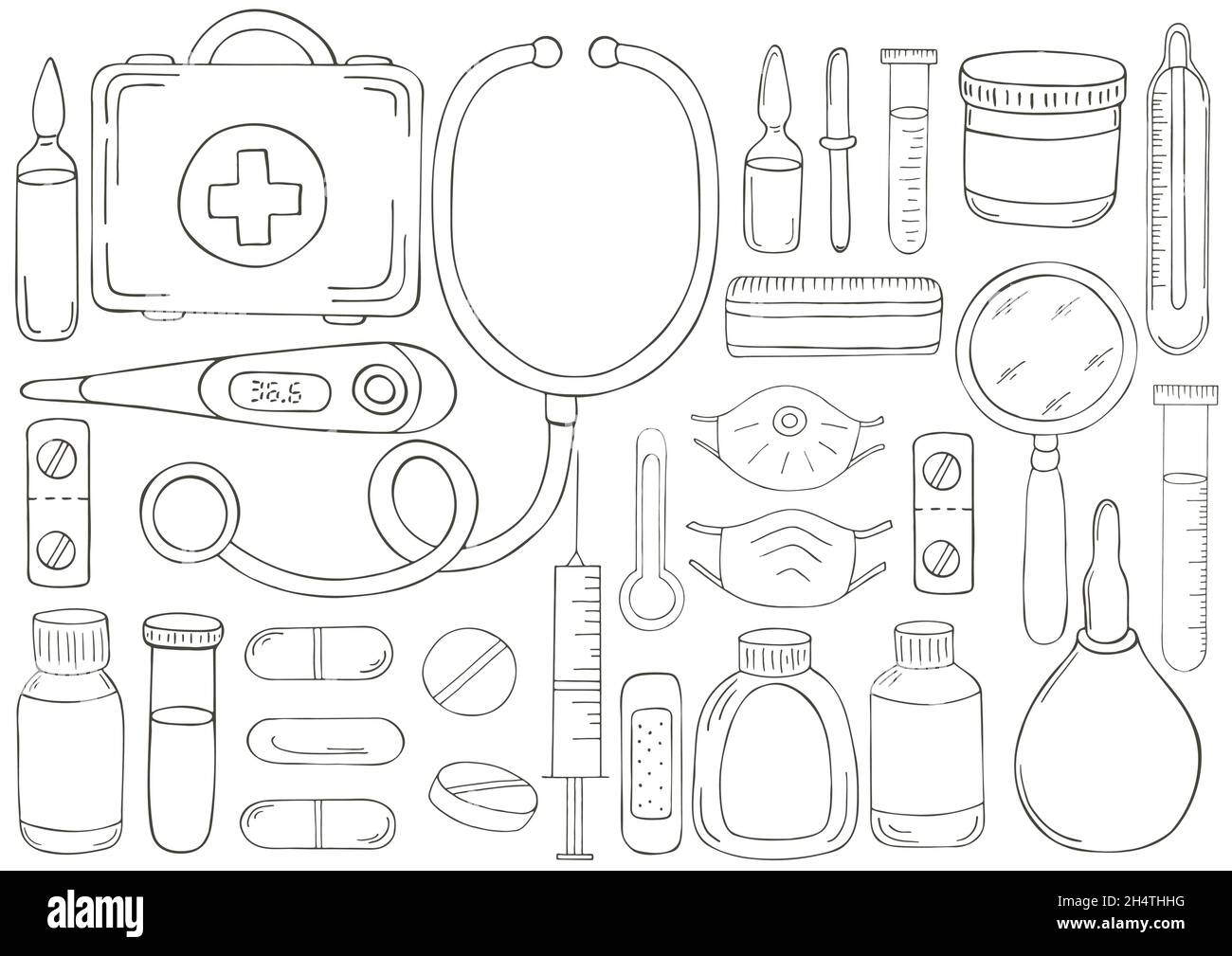 Coloring page. Set of doctor's tools in hand draw style. Ambulance doctor  tools, medical case, medications, stethoscope, masks Stock Vector Image &  Art - Alamy
