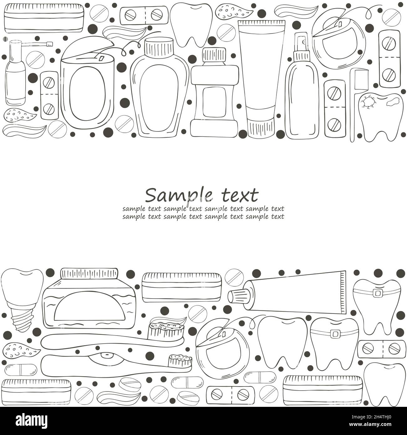 Coloring frame, text. Set of elements for the care of the oral cavity in hand draw style. Teeth cleaning, dental health. Teeth, floss, brush, paste, r Stock Vector