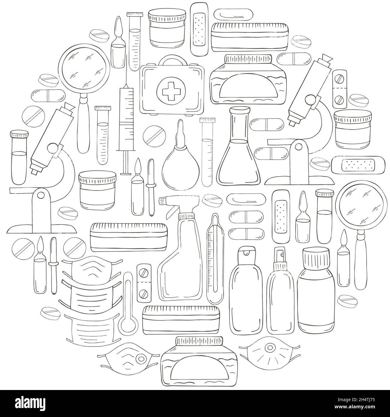 Round Coloring of vector illustrations. Laboratory assistant doctor tools set in hand draw style. Analysis tools, virus search. Doctor's case, microsc Stock Vector