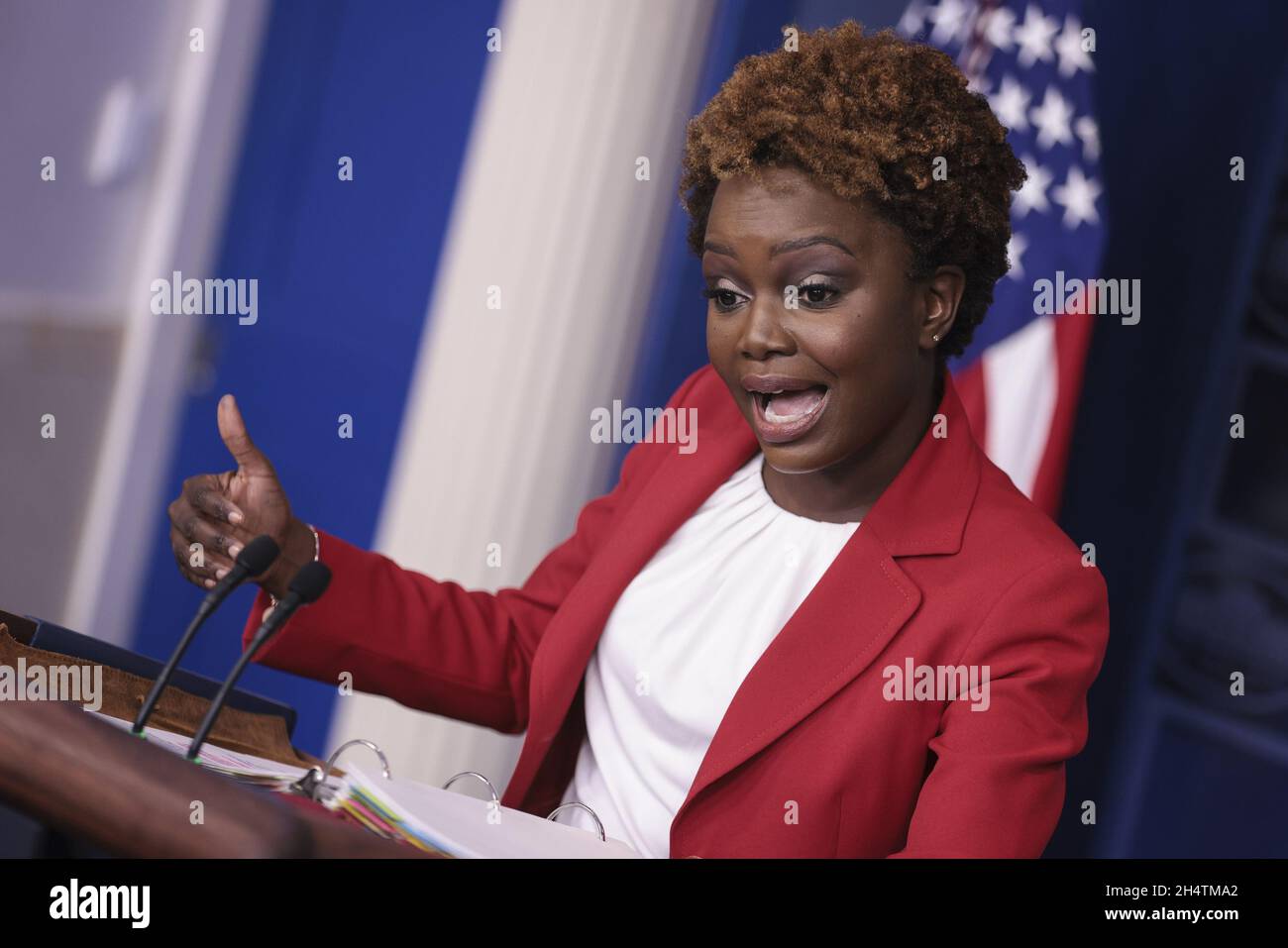 Washington, United States. 04th Nov, 2021. Principal Deputy Press Secretary Karine Jean-Pierre talks to reporters during the daily press briefing in the Brady Press Briefing Room of the White House on Thursday, November 4, 2021 in Washington, DC. Photo by Oliver Contreras/UPI Credit: UPI/Alamy Live News Stock Photo