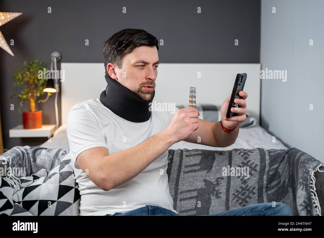 Collared Call Patient with collar and neck injury receives an online video ...