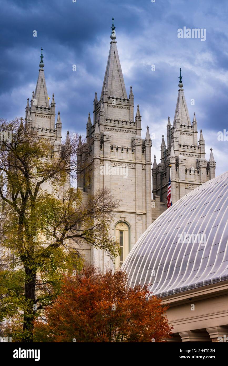 Salt Lake City LDS Temple with Mormon Tabernacle - Temple Square - Utah Stock Photo