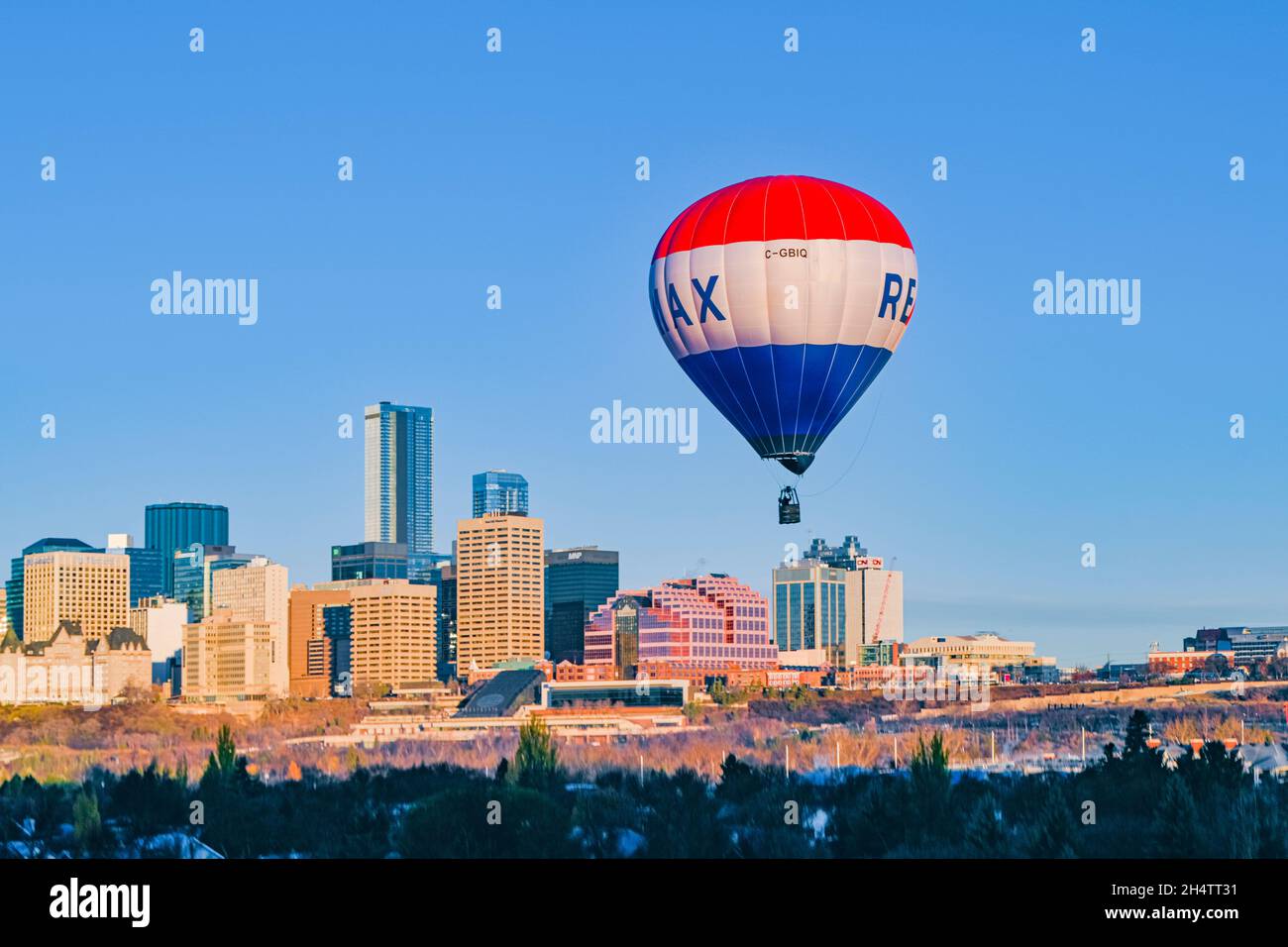 Remax hot air balloon, downtown skyline, Edmonton, Alberta, Canada