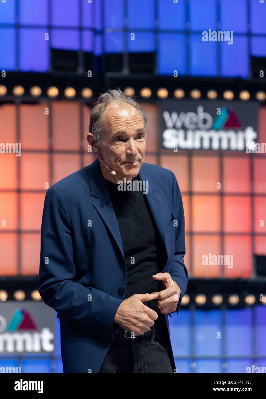 Lisbon, Portugal. 04th Nov, 2021. CTO and co-founder of Inrupt, Sir Tim  Berners-Lee addresses the audience at Altice Arena Centre Stage during the  closing session of the Web Summit 2021.This is one