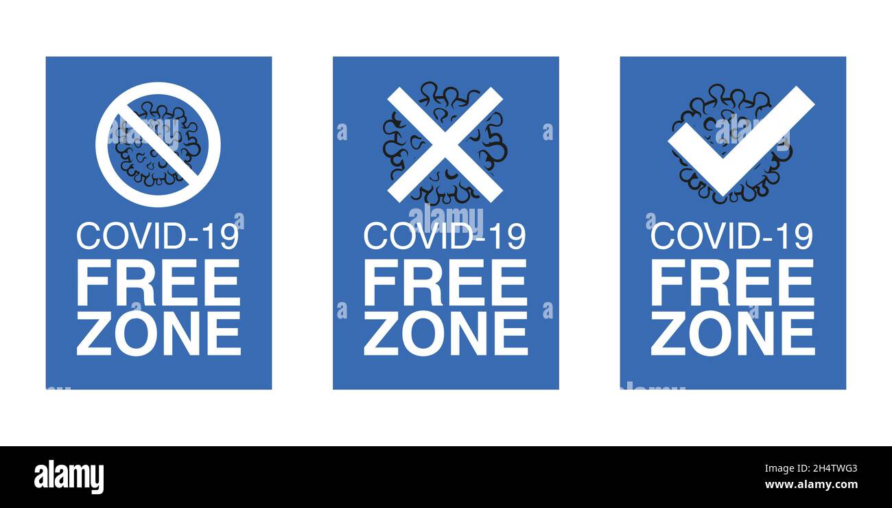 Set Covid free zone signs. Coronavirus, covid-19 free area, zone banner. Disiase free sign, symbol. Coronavirus outbreak stop icon. Sign for public pl Stock Vector