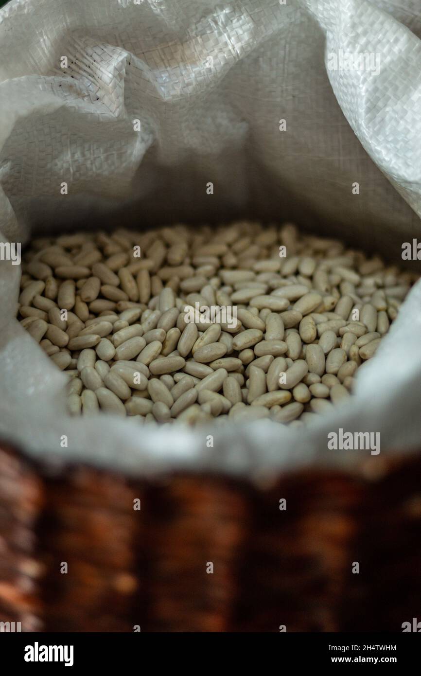 Small white beans selling in a shop. Stock Photo
