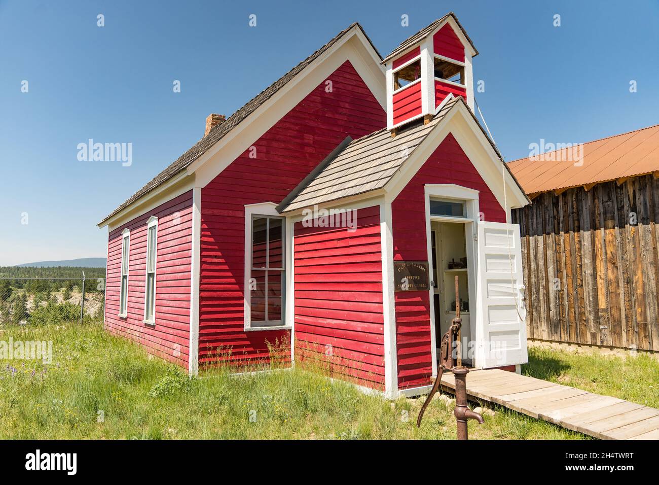 Fairplay, CO - July 10, 2021: Old red one room school house at the South Park City Museum Stock Photo