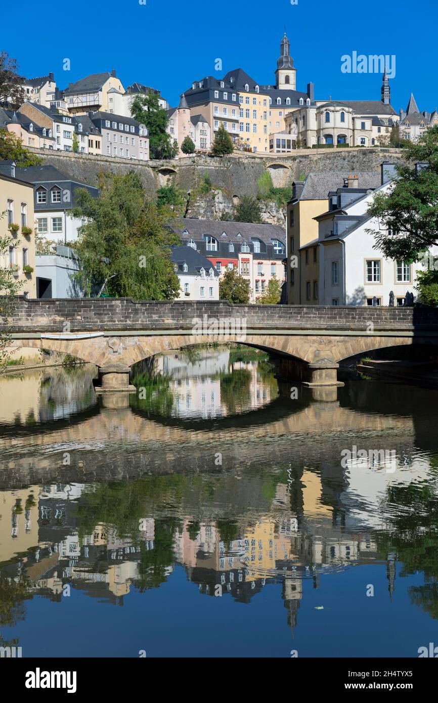 Europe, Luxembourg, Luxembourg City, The Grund with Pont du Grund (Bridge) carrying the Rue Münster across the Alzette River Stock Photo