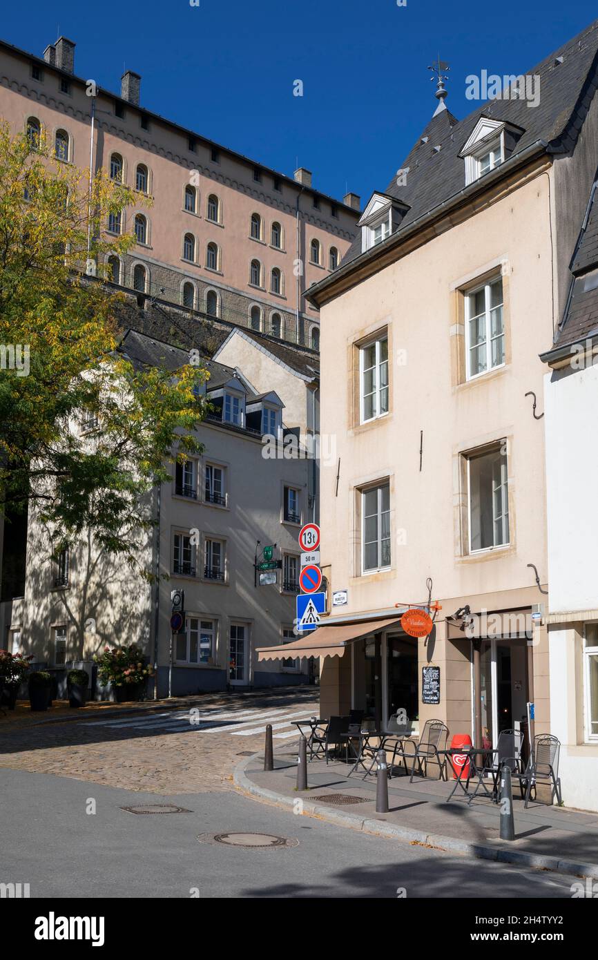 Europe, Luxembourg, Luxembourg City, Montée du Grund, Traditional Street with Houses, Bars and National Archive of Luxembourg above Stock Photo