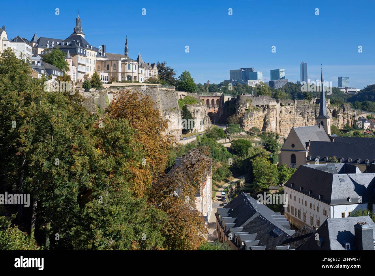 Europe, Luxembourg, Luxembourg City, Views of High Town looking towards Casemates du Bock from Chemin de la Corniche Stock Photo